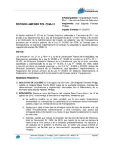 Entidad pública: Hospital Base Puerto Montt – Servicio de Salud de Reloncaví DECISIÓN AMPARO ROL C596-10  Requirente: José Edgardo Paredes