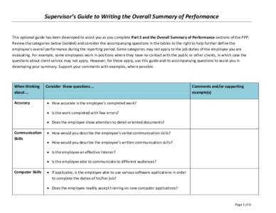 Supervisor’s Guide to Writing the Overall Summary of Performance This optional guide has been developed to assist you as you complete Part 3 and the Overall Summary of Performance sections of the PPP. Review the catego