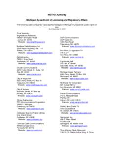 METRO Authority Michigan Department of Licensing and Regulatory Affairs The following cable companies have reported footages in Michigan municipalities’ public rights-ofway. As of December 31, 2013  Nick Sanitsky