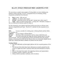 R.A.F.T. ESSAY FOR ELECTRIC LIGHTING UNIT We must always consider various aspects of writing before we write including role, audience, format, and topic. R.A.F.T. assignments focus on structuring writing assignments arou