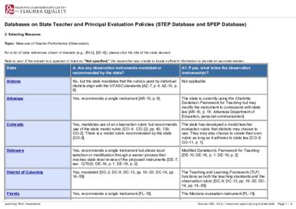 Databases on State Teacher and Principal Evaluation Policies (STEP Database and SPEP Database)  3: Selecting Measures  Topic: Measures of Teacher Performance (Observation)  For a list of state 