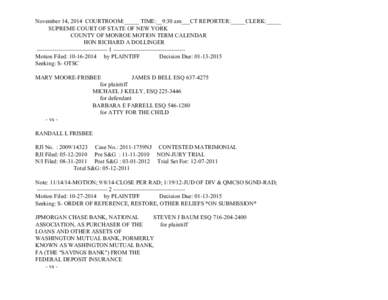 November 14, 2014 COURTROOM:_____ TIME:__9:30 am___CT REPORTER:_____CLERK:_____ SUPREME COURT OF STATE OF NEW YORK COUNTY OF MONROE MOTION TERM CALENDAR HON RICHARD A DOLLINGER ------------------------------------ 1 ----