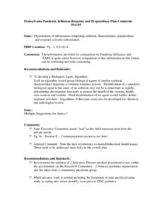 Pennsylvania Pandemic Influenza Response and Preparedness Plan Comments[removed]Issue: Organization of information comparing outbreak characteristics, preparedness and response activities information. PIRP Location: Pg: 