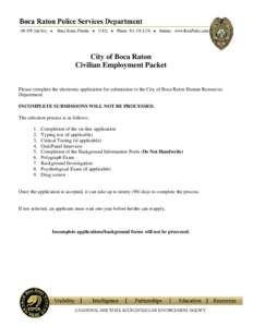 City of Boca Raton Civilian Employment Packet Please complete the electronic application for submission to the City of Boca Raton Human Resources Department. INCOMPLETE SUBMISSIONS WILL NOT BE PROCESSED. The selection pr