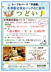 ネーブルパーク「平成館」  冬季限定宿泊パックのご案内 冬季限定宿泊パック「つどい」