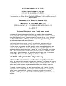 JOINT SUBCOMMITTEE HEARING COMMITTEE ON FOREIGN AFFAIRS U.S. HOUSE OF REPRESENTATIVES Subcommittee on Africa, Global Health, Global Human Rights, and International Organizations Subcommittee on the Middle East and North 