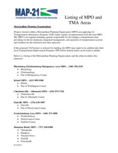 TRANSPORTATION ALTERNATIVES PROGRAM  Listing of MPO and TMA Areas  Metropolitan Planning Organizations