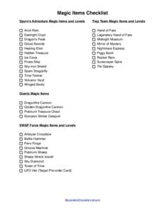 Magic Items Checklist Spyro’s Adventure Magic Items and Levels Anvil Rain Darklight Crypt Dragon’s Peak Ghost Swords