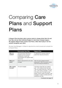 Comparing Care Plans and Support Plans A Support Plan describes what a person wants to change about their life and how they will use their Individual Budget to make these changes happen. We suggest Support Plans replace 