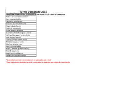 Turma Doutorado 2015 CANDIDATOS APROVADOS DENTRO DO NÚMERO DE VAGAS -ORDEM ALFABÉTICA André Luiz Cordeiro Cavalcanti Caio Assumpção Silva Camila Cardoso Pereira Cristiano Boaventura Duarte