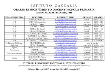 ISTITUTO ZACCARIA ORARIO DI RICEVIMENTO DOCENTI SCUOLA PRIMARIA ANNO SCOLASTICOCLASSE/MATERIA 1^ A