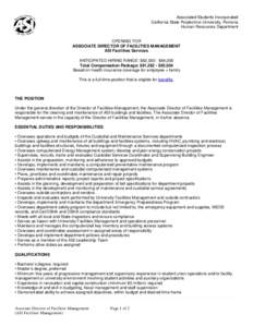 Associated Students Incorporated California State Polytechnic University, Pomona Human Resources Department OPENING FOR ASSOCIATE DIRECTOR OF FACILITIES MANAGEMENT