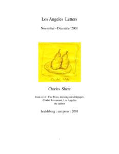 Los Angeles Letters November - December 2001 Charles Shere front cover: Two Pears, drawing on tablepaper, Ciudad Restaurant, Los Angeles