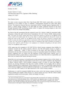 October 19, 2012 Senator Andrew J. Lanza 188 State Street Room 915, Legislative Office Building Albany, NY[removed]Dear Senator Lanza: We write to raise concerns about New York Senate Bill 7854 which would allow a city wit