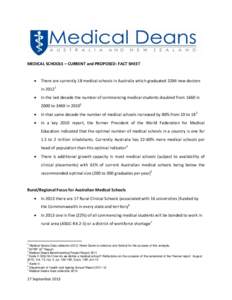 MEDICAL SCHOOLS – CURRENT and PROPOSED: FACT SHEET  There are currently 18 medical schools in Australia which graduated 3284 new doctors in 20121