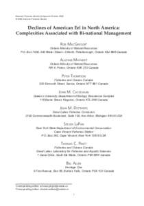 American Fisheries Society Symposium 62:xxxx, 2008 © 2008 American Fisheries Society Declines of American Eel in North America: Complexities Associated with Bi-national Management Rob MacGregor†