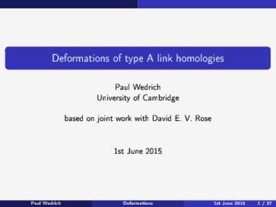 Deformations of type A link homologies  Paul Wedrich University of Cambridge based on joint work with David E. V. Rose