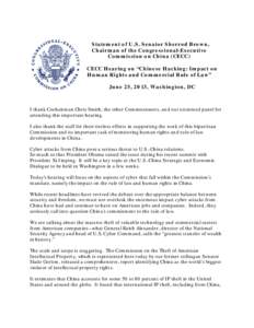     Statement of U.S. Senator Sherrod Brown, Chairman of the Congressional-Executive Commission on China (CECC)