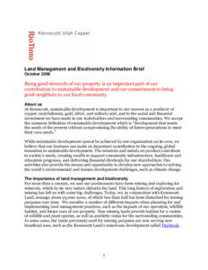 Kennecott Land / Salt Lake County /  Utah / Kennecott Utah Copper / Land reclamation / Daybreak Community / Biodiversity Action Plan / South Jordan /  Utah / Conservation biology / Biodiversity / Environment / Biology / Earth