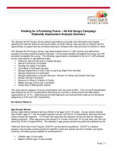 Feeding for a Promising Future – No Kid Hungry Campaign Statewide Assessment Analysis Summary The Georgia No Kid Hungry Survey asked respondents to provide vital information and insights regarding the barriers faced by