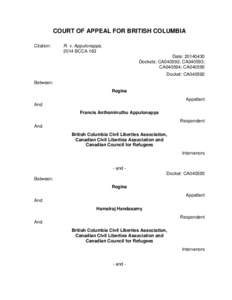 COURT OF APPEAL FOR BRITISH COLUMBIA Citation: R. v. Appulonappa, 2014 BCCA 163 Date: [removed]