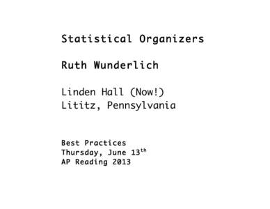 Statistical Organizers Ruth Wunderlich Linden Hall (Now!) Lititz, Pennsylvania  Best Practices