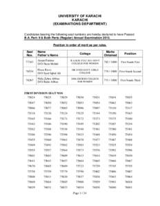 UNIVERSITY OF KARACHI KARACHI (EXAMINATIONS DEPARTMENT) Candidates bearing the following seat numbers are hereby declared to have Passed B.A. Part- II & Both Parts (Regular) Annual Examination[removed]Position in order of 