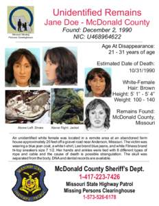 Unidentified Remains Jane Doe - McDonald County Missouri Missing Persons Clearinghouse  Found: December 2, 1990