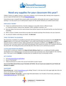 Need any supplies for your classroom this year? Children’s books, art supplies, furniture, science kits, computers, toys for dramatic play, listening center equipment … you can request all these and more through Dono