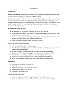 Dorm Monitor ($100 Stipend) Purpose of the position: Monitor a small group of Tech Trek campers, provide emotional support, and respond to campers’ questions and concerns throughout the week. Dorm Monitor Selection Cri