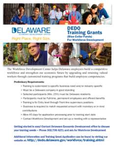 DEDO Training Grants (Blue Collar Funds) For Workforce Development  The Workforce Development Center helps Delaware employers build a competitive