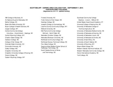 SCOTTSBLUFF / GERING AREA COLLEGE FAIR – SEPTEMBER 7, 2014 PARTICIPATING COLLEGES (Registered as of[removed] – updated monthly) AIB College of Business, IA