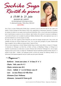 Sachiko Suga  Récital de piano à 15:00 le 21 juin MAISON DU JAPON Cité Internationale Universitaire de Paris