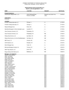 VERMONT DEPARTMENT OF FINANCIAL REGULATION 89 Main Street, Montpelier, Vermont[removed]Banking Division Activity Journal #[removed]March 16, 2014 through March 31, 2014 NAME
