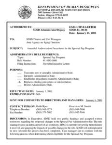 DEPARTMENT OF HUMAN RESOURCES SENIOR & DISABLED SERVICES DIVISION 500 Summer Street NE Salem, Oregon[removed]Phone: ([removed]