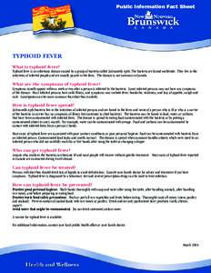 Public Information Fact Sheet  TYPHOID FEVER What is typhoid fever?  Typhoid fever is an infectious disease caused by a group of bacteria called Salmonella typhi. The bacteria are found worldwide. They live in the