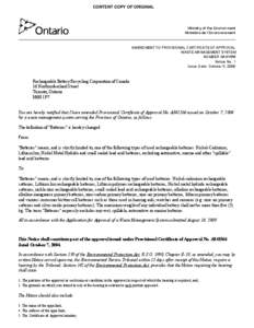 CONTENT COPY OF ORIGINAL  Ministry of the Environment Ministère de l’Environnement  AMENDMENT TO PROVISIONAL CERTIFICATE OF APPROVAL