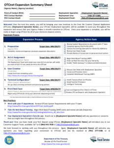 OTCnet Expansion Summary Sheet [Agency Name], [Agency Location] Point of Contact (POC): POC Contact Number: POC Contact Email: