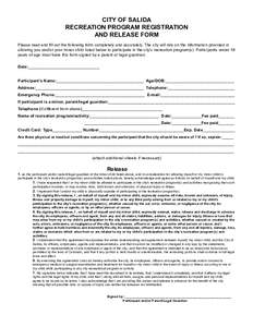 CITY OF SALIDA RECREATION PROGRAM REGISTRATION AND RELEASE FORM Please read and fill out the following form completely and accurately. The city will rely on the information provided in allowing you and/or your minor chil