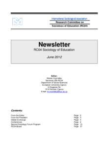 Research Committee on Sociology of Education (RC04) Newsletter RC04 Sociology of Education June 2012