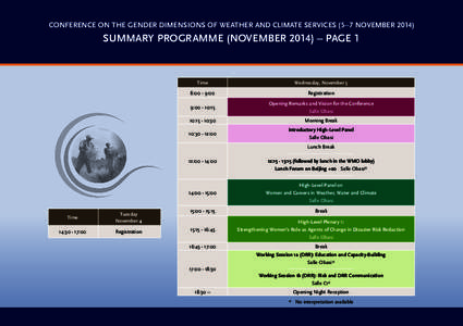 CONFERENCE ON THE GENDER DIMENSIONS OF WEATHER AND CLIMATE SERVICES (5–7 NOVEMBER[removed]SUMMARY PROGRAMME (NOVEMBER 2014) – PAGE 1 Time