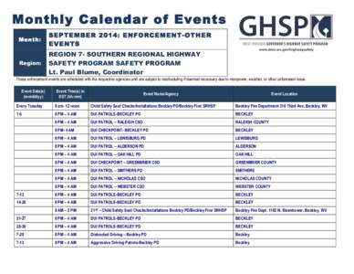 Monthly Calendar of Events Month: SEPTEMBER 2014: ENFORCEMENT-OTHER EVENTS