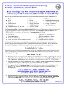 Fair housing / California Department of Consumer Affairs / Discrimination / United States / Law / California Fair Employment and Housing Act / Discrimination in the United States / California Department of Fair Employment and Housing