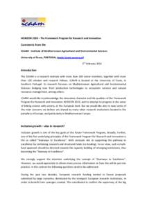 HORIZON 2020 – The Framework Program for Research and Innovation  Comments from the ICAAM - Institute of Mediterranean Agricultural and Environmental Sciences University of Évora, PORTUGAL (www.icaam.uevora.pt) 3rd Fe