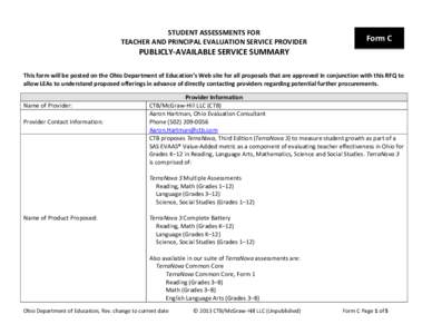 STUDENT ASSESSMENTS FOR  TEACHER AND PRINCIPAL EVALUATION SERVICE PROVIDER  Form C   PUBLICLY‐AVAILABLE SERVICE SUMMARY 