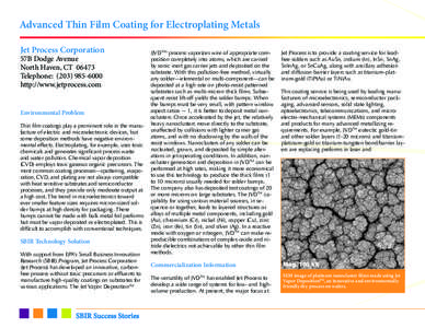 Advanced Thin Film Coating for Electroplating Metals Jet Process Corporation 57B Dodge Avenue North Haven, CT[removed]Telephone: ([removed]http://www.jetprocess.com