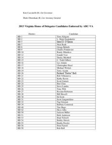 Ken Cuccinelli (R.) for Governor Mark Obenshain (R.) for Attorney General 2013 Virginia House of Delegates Candidates Endorsed by ABC-VA District HD 1