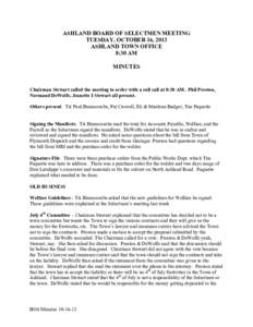 ASHLAND BOARD OF SELECTMEN MEETING TUESDAY, OCTOBER 16, 2013 ASHLAND TOWN OFFICE 8:30 AM MINUTES