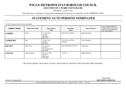 WIGAN METROPOLITAN BOROUGH COUNCIL ELECTION OF A WARD COUNCILLOR THURSDAY, 22 MAY 2014 The following is a statement as to the persons nominated for election of a Councillor for the ATHERTON Ward