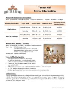 Tanner Hall Rental Information Weekend Rental Rates and Damage Fees: Hours of Operation: Friday & Saturday: 10:00am – 11:00pm Resident/Non-Resident